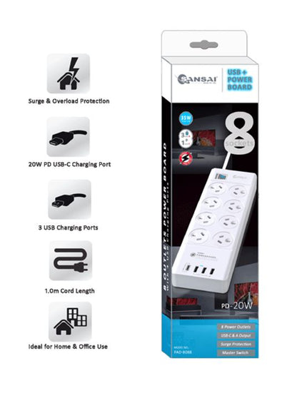 Sansai 8 Outlet 3*USB-A & 1*USB-C Powerboard Master On/Off switch Surge and over