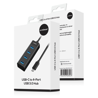 mbeat® USB-C to 4-Port 3.0 Hub - Black USB 3.0 transfer speeds up to 5Gbps Material: ABS Plastic Cable Length: 200mm Weights: 36g