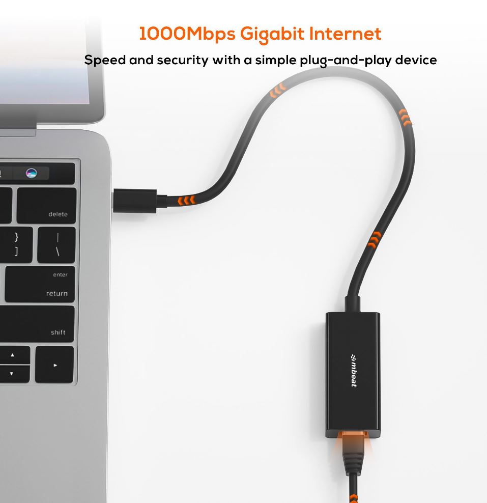 mbeatÂ®  USB-C Gigabit Ethernet Adapter - Black Fast and secure RJ45, up to 1000Mbps speed. Plug-and-play Compact and lightweigh Weight: 23g