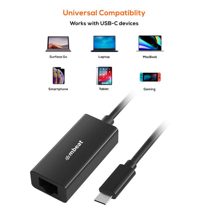 mbeatÂ®  USB-C Gigabit Ethernet Adapter - Black Fast and secure RJ45, up to 1000Mbps speed. Plug-and-play Compact and lightweigh Weight: 23g