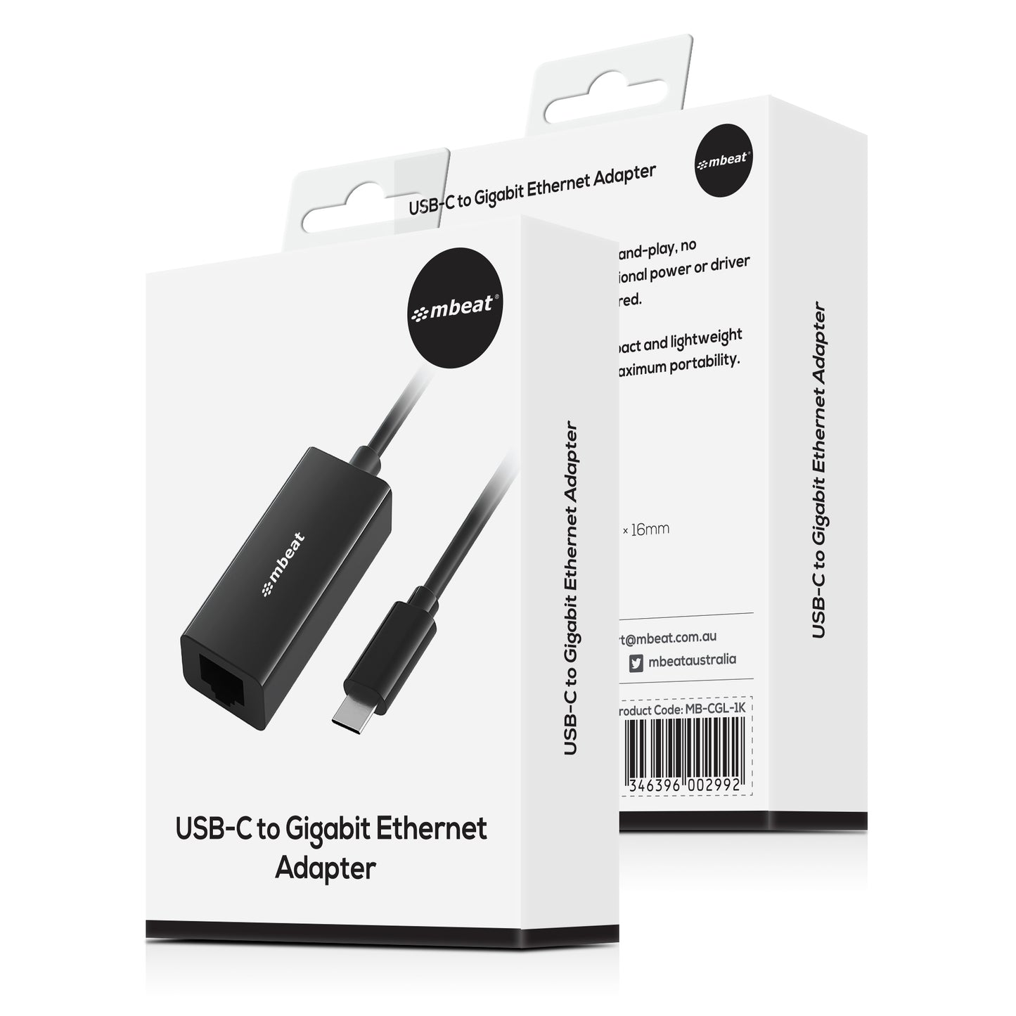 mbeatÂ®  USB-C Gigabit Ethernet Adapter - Black Fast and secure RJ45, up to 1000Mbps speed. Plug-and-play Compact and lightweigh Weight: 23g