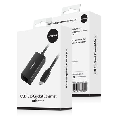 mbeatÂ®  USB-C Gigabit Ethernet Adapter - Black Fast and secure RJ45, up to 1000Mbps speed. Plug-and-play Compact and lightweigh Weight: 23g