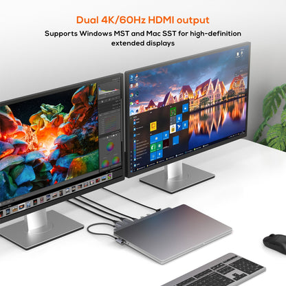 mbeatÂ® D12 Multi-Port Dual HDMI 4K USB-C Dock Dual 4K/60Hz HDMI output 100W USB-C PD 3.0 3x USB 3.2 1x Audio Port SD and Microsd