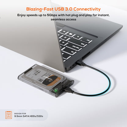 mbeatÂ® A1 See-Through Tool Free USB 3.0 2.5' SATA HDD Enclosure - Black USB Port: USB 3.0 Data Speed: Maximum up to 5Gbps Product Weight: 53g