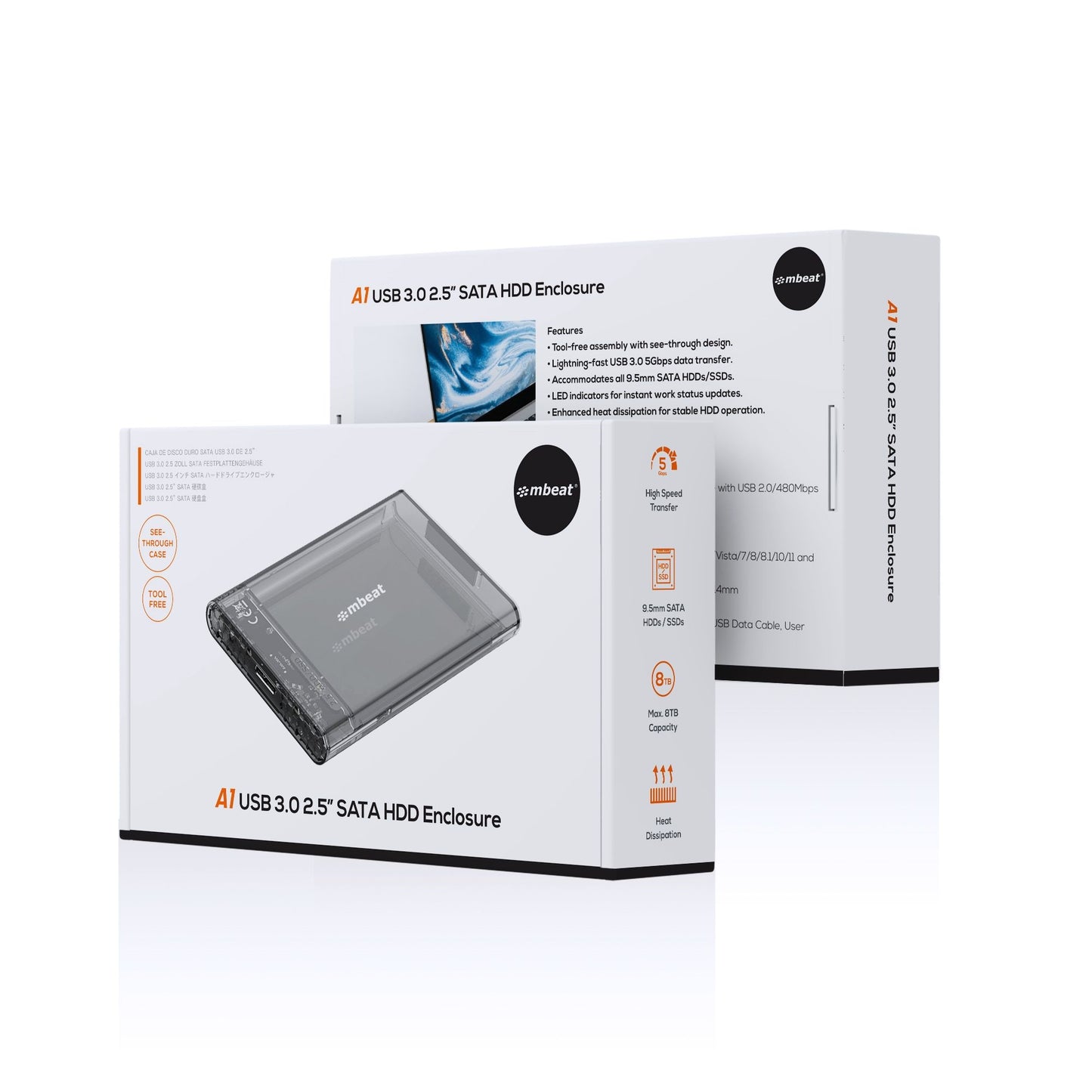 mbeatÂ® A1 See-Through Tool Free USB 3.0 2.5' SATA HDD Enclosure - Black USB Port: USB 3.0 Data Speed: Maximum up to 5Gbps Product Weight: 53g