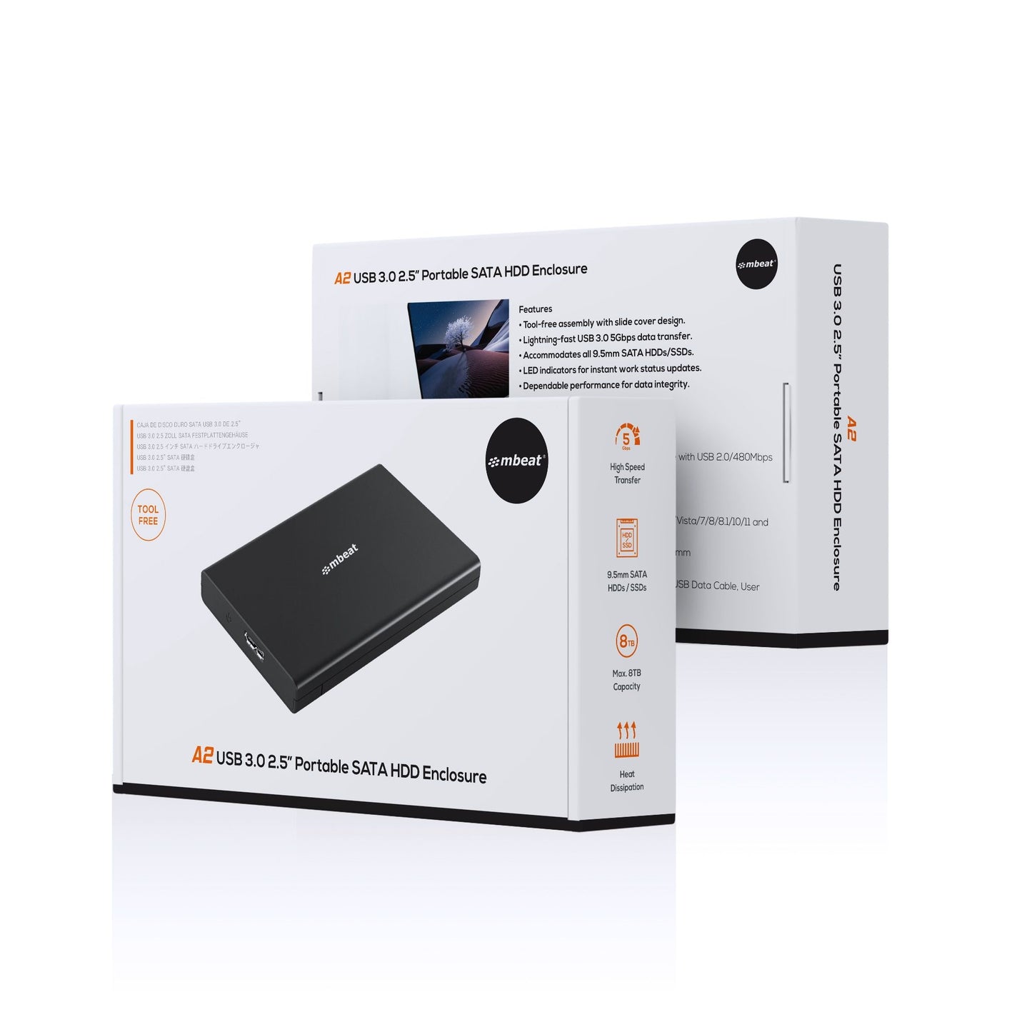 mbeatÂ® A2 Slim Tool-Free USB 3.0 2.5' SATA HDD Enclosure - Black USB Port: USB 3.0 Product Weight: 35g Maximum up to 5Gbp Product Weight: 35g