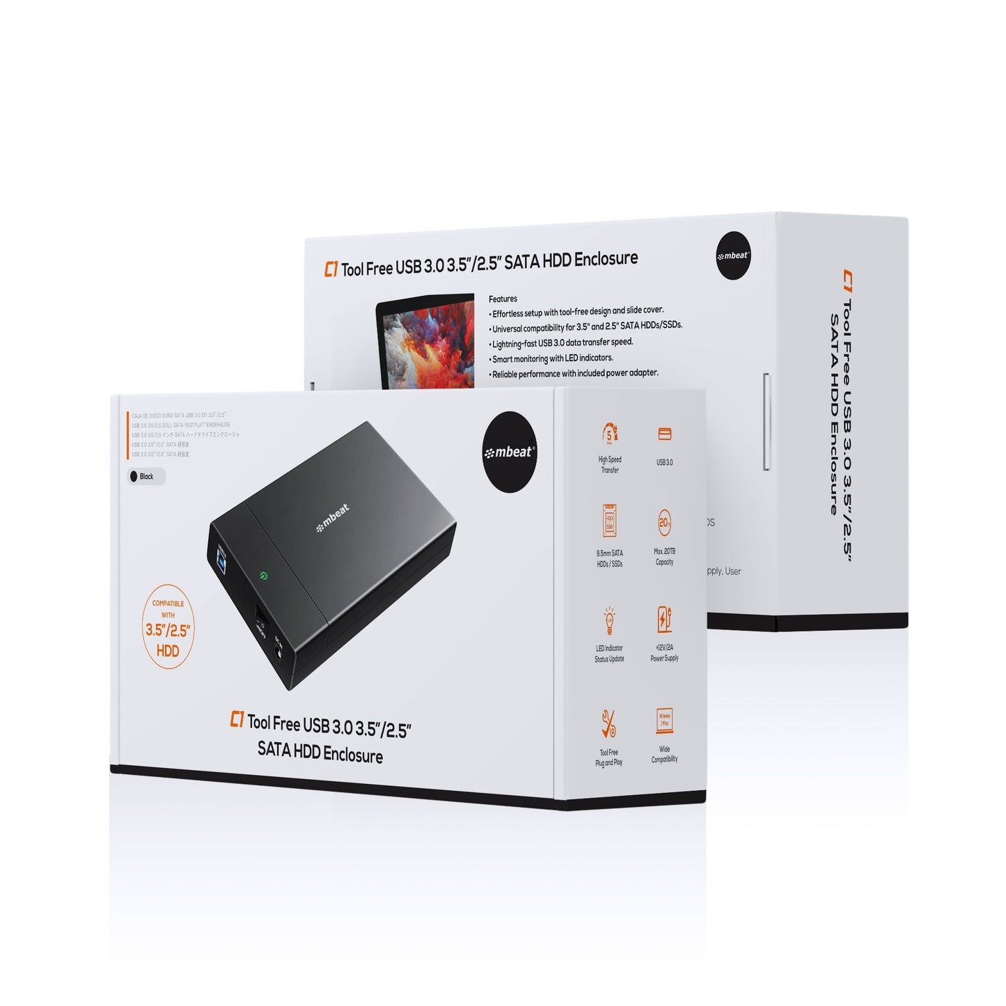 mbeatÂ® C1 Tool-Free USB 3.0 3.5' & 2.5' SATA HDD Enclosure - Black Data Speed: Maximum up to 5Gbp Product Weight: 121g DC Power: +12V/2A Power Supply