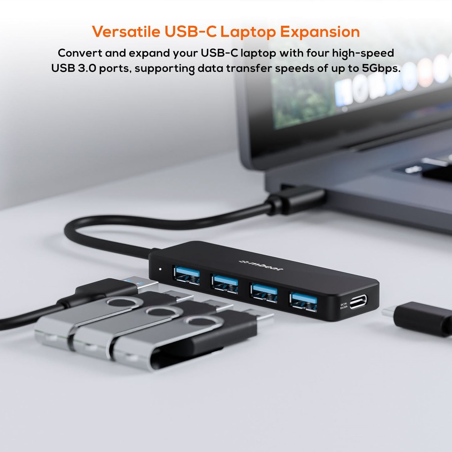 mbeat 4-Port USB-C Hub with USB-C DC Port  Compact and Portable Design  Flexible