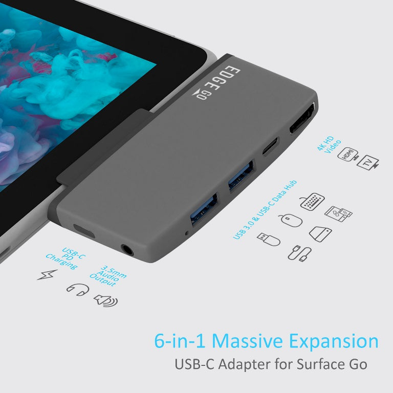 mbeat®  Edge Go Multifunction USB- C Hub for Microsoft Surface Go （USB 3.0 Data x 2, USB-C Data x 1, HDMI, 3.5mm Audio, USB-C PD pass through charge)