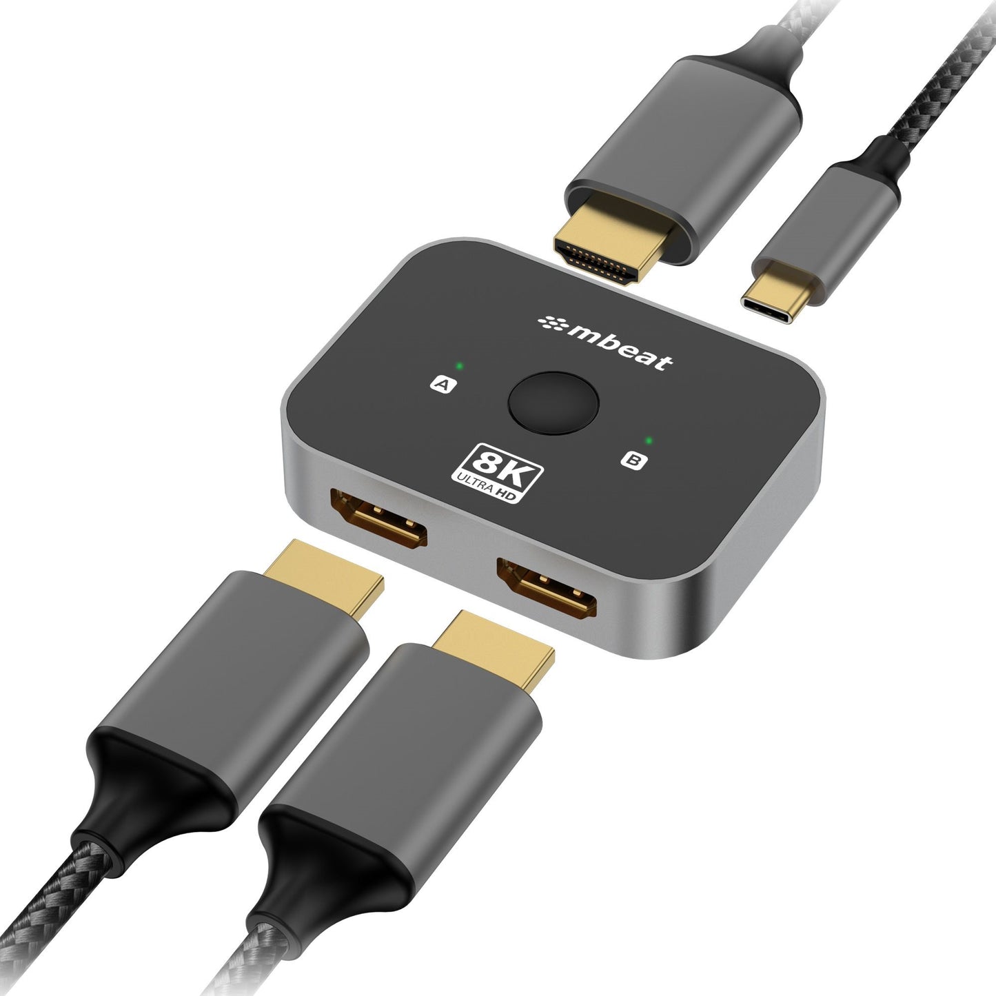 mbeatÂ® 8K Bi-directional HDMI 2.1 Switch 2 In 1 Out/1 In 2 Out  8K@60Hz resolution, plug-and-play convenience  USB-C power input Maximum 8K/60Hz