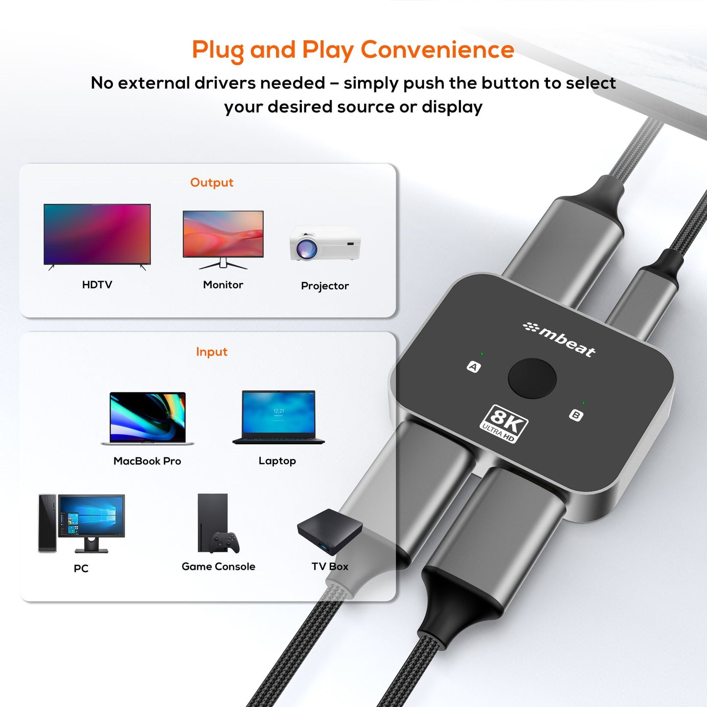 mbeatÂ® 8K Bi-directional HDMI 2.1 Switch 2 In 1 Out/1 In 2 Out  8K@60Hz resolution, plug-and-play convenience  USB-C power input Maximum 8K/60Hz