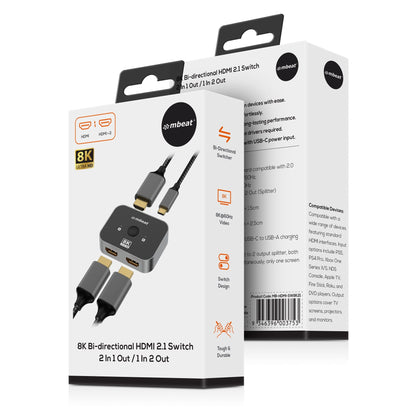 mbeatÂ® 8K Bi-directional HDMI 2.1 Switch 2 In 1 Out/1 In 2 Out  8K@60Hz resolution, plug-and-play convenience  USB-C power input Maximum 8K/60Hz