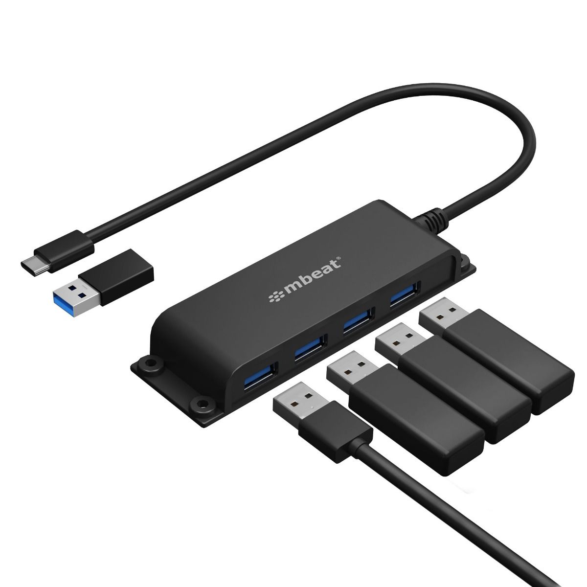 mbeat® Mountable 4-Port USB-A & USB-C Adapter Hub - 60cm Data Cable, USB 3.0, 2