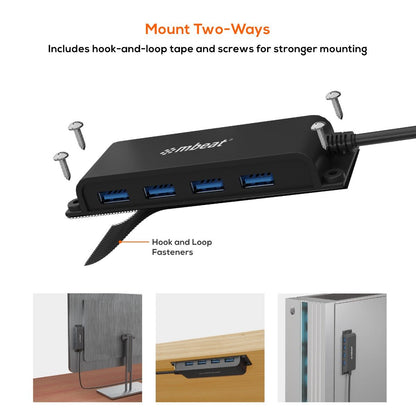 mbeat® Mountable 4-Port USB-A & USB-C Adapter Hub - 60cm Data Cable, USB 3.0, 2