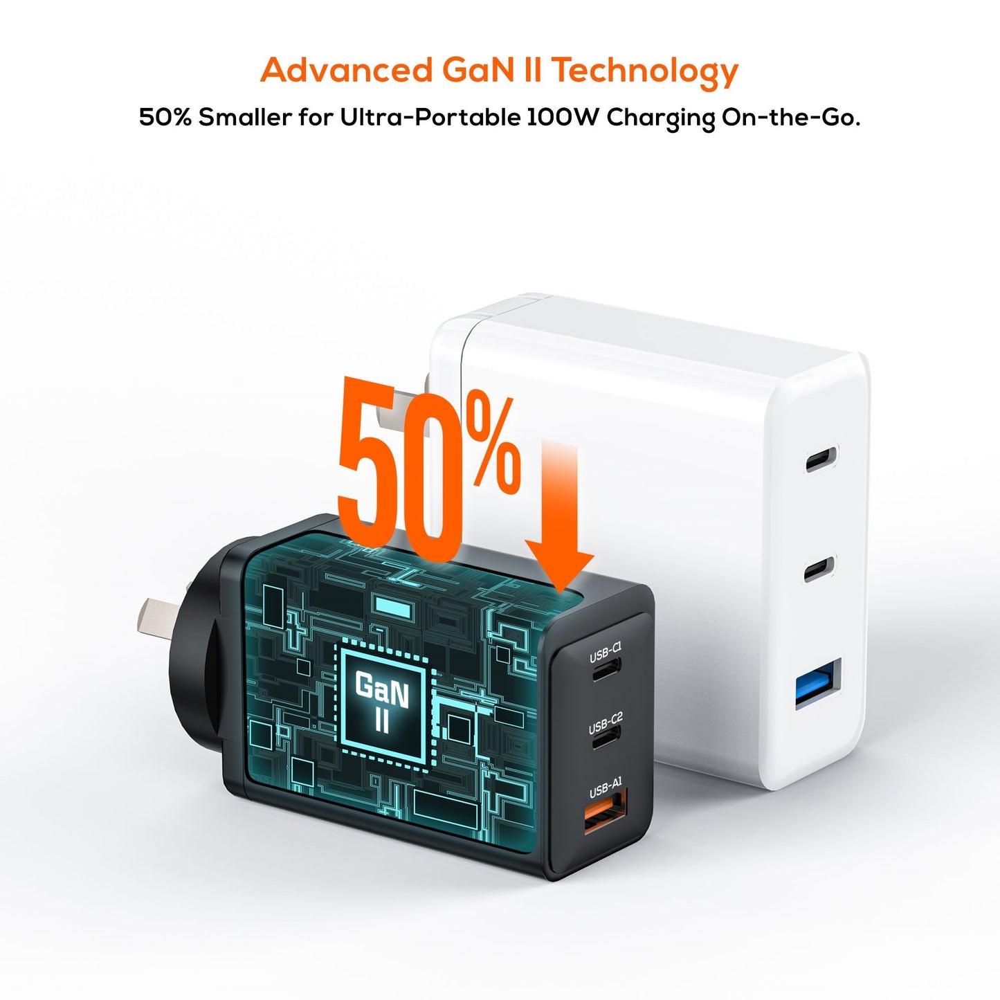 mbeatÂ® Gorilla Power PD 100W GaN II USB-C Charger 50% smaller than the standard Supports a wide range of devices Product Weight: 180g