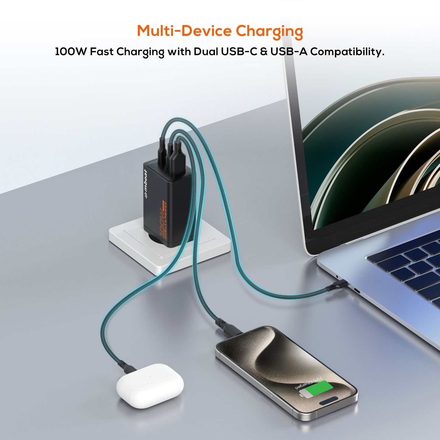 mbeatÂ® Gorilla Power PD 100W GaN II USB-C Charger 50% smaller than the standard Supports a wide range of devices Product Weight: 180g