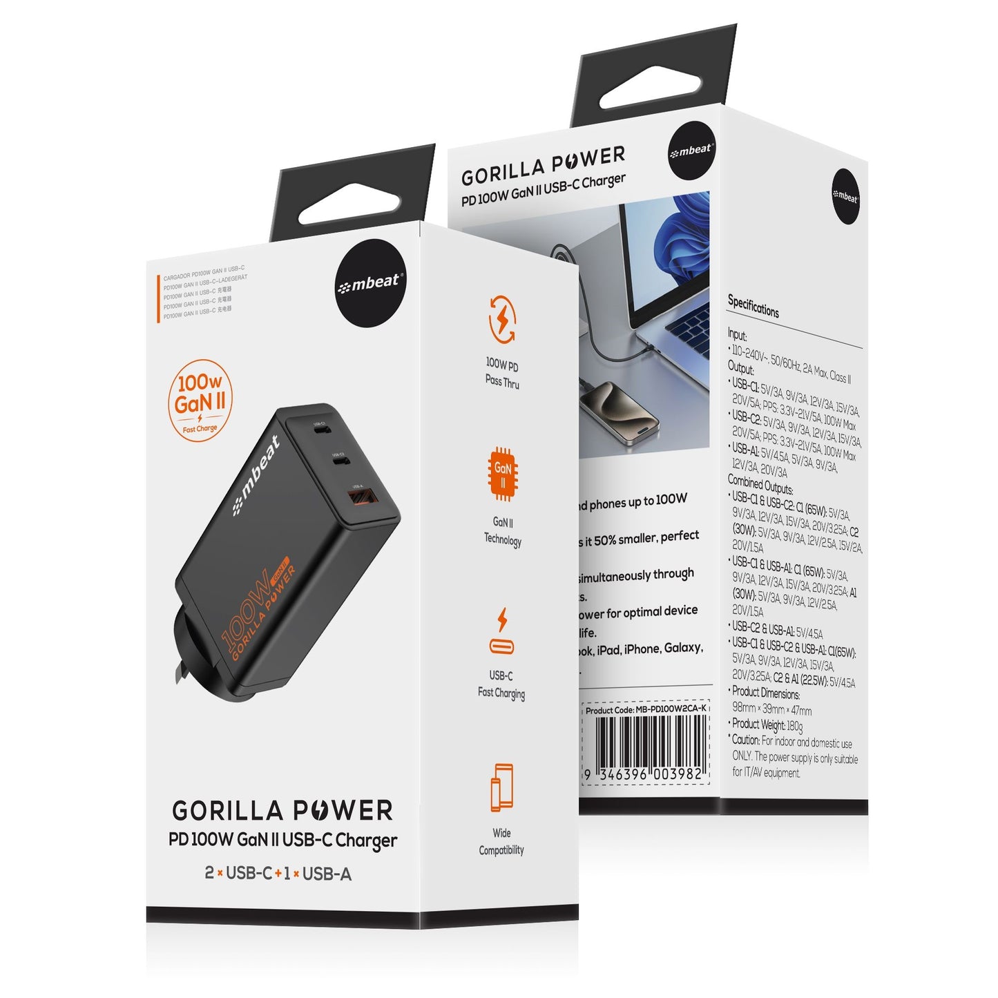 mbeatÂ® Gorilla Power PD 100W GaN II USB-C Charger 50% smaller than the standard Supports a wide range of devices Product Weight: 180g