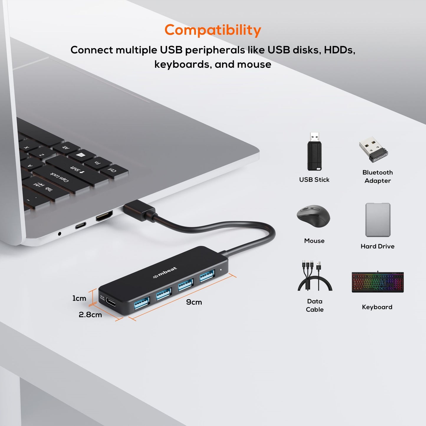 mbeatÂ® 4-Port USB 3.0 Hub with USB-C DC Port  Compact and Portable Design  Expandable Connectivity Data Transfer Speed: 5Gbps Weight: 32g