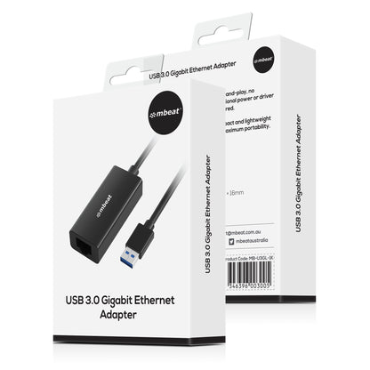 mbeat® USB 3.0 Gigabit Etherent Adapter - Black RJ45, up to 1000Mbps speed. Compact and lightweight Material: ABS Plastic Weight: 24.5g