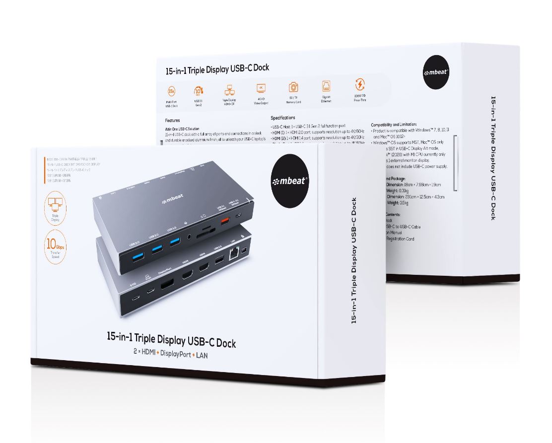 mbeat 15-in-1 Triple Display USB-C Docking Station 2x HDMI 1x DP 1x 100W PD 3.0