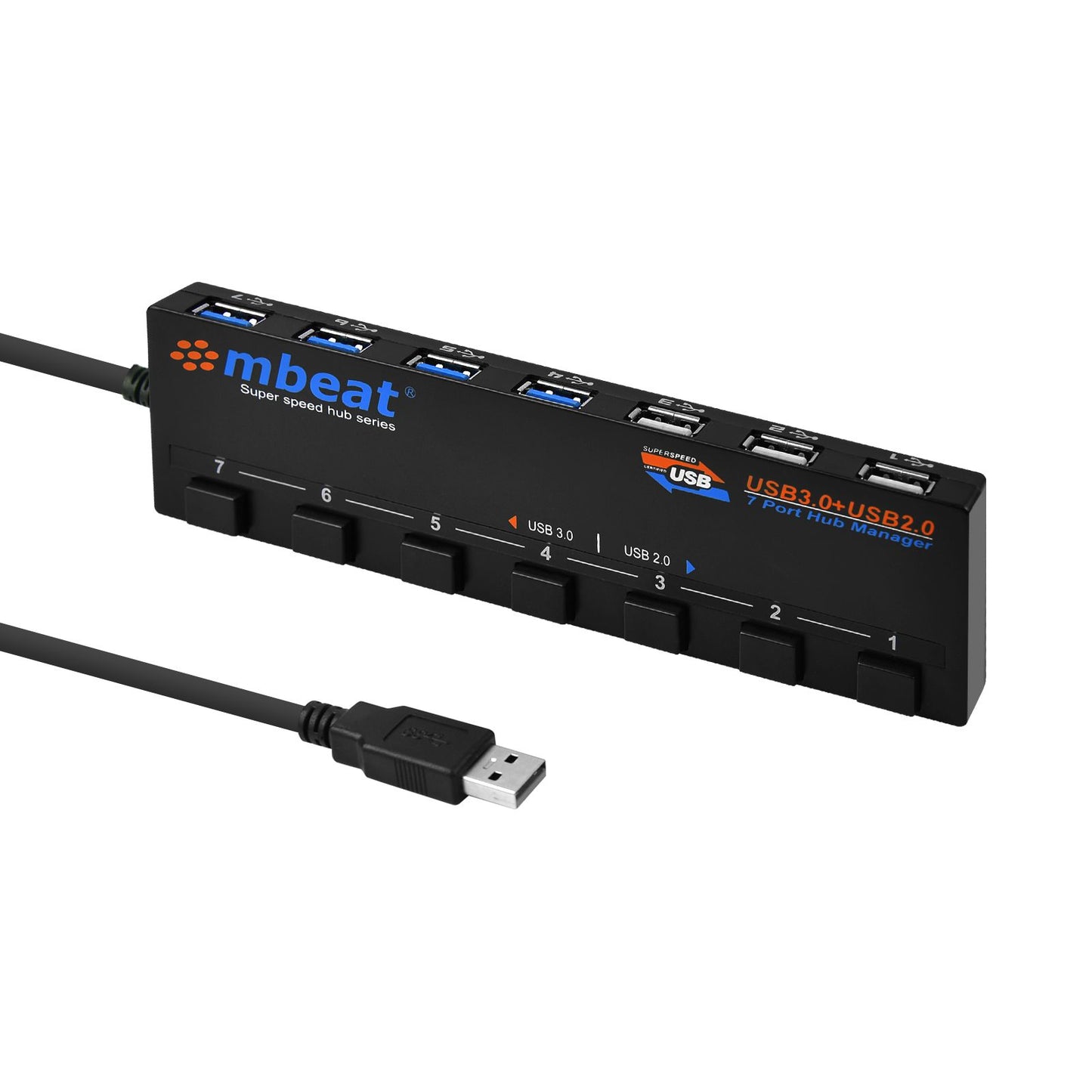 mbeat 7-Port USB 3.0 & USB 2.0 Powered Hub Manager — 4x USB 3.0, Individual Port Switches