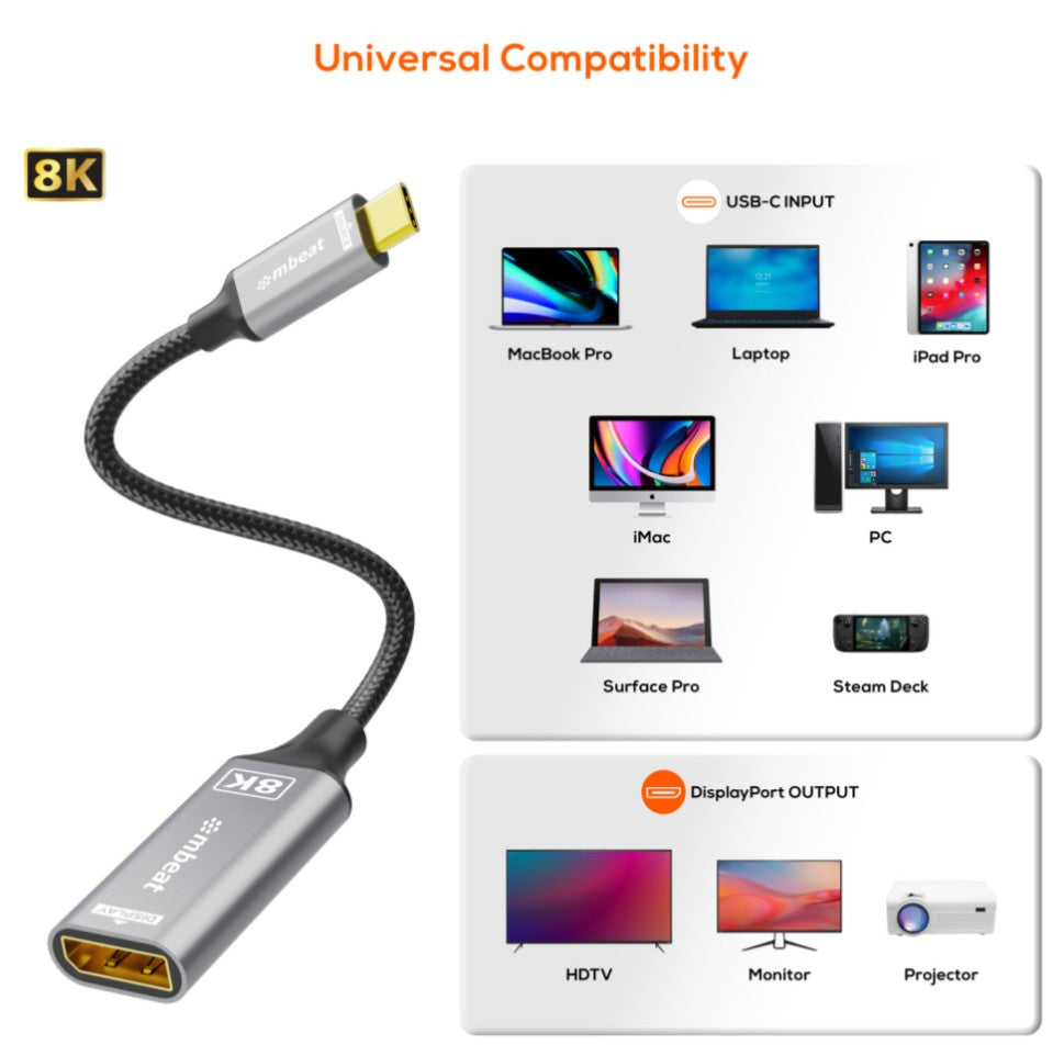 mbeat Tough Link 8K USB-C to DP Adapter - Space Grey USB-C (male) to DisplayPort
