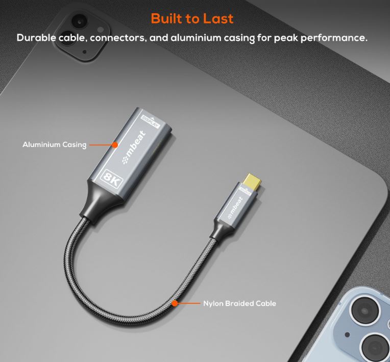 mbeat Tough Link 8K USB-C to HDMI Adapter - Space Grey Up to 48Gbps (HDMI 2.1) U