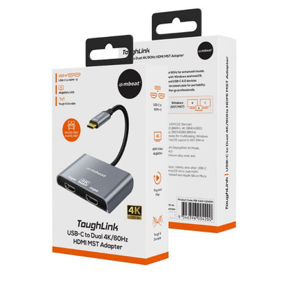 mbeat Tough Link USB-C to Dual 4K/60Hz HDMI MST Adapter 4K (3840x2160) @ 60Hz, 4