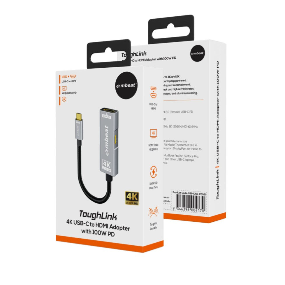 mbeat Tough Link USB-C to HDMI Adapter with 100W PD - Space Grey  5V-20V/5A, 100