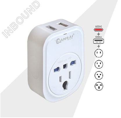 Sansai USB Travel Adaptor USB A + C 2xUSB Charging Outlets 100-240VAC 10A 2400W