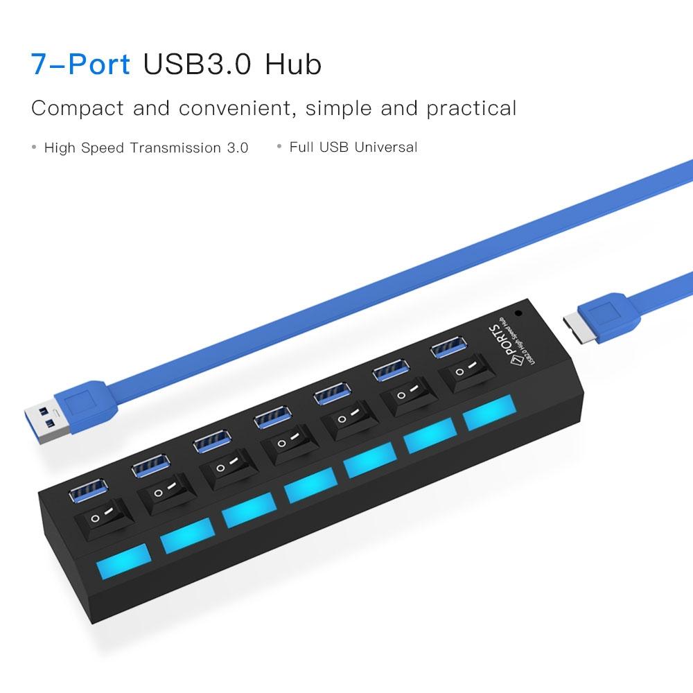 7-Port USB 3.0 Hub — SuperSpeed 5Gbps, 1TB Support, Plug & Play | Black