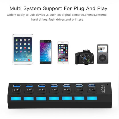 7-Port USB 3.0 Hub — SuperSpeed 5Gbps, 1TB Support, Plug & Play | Black