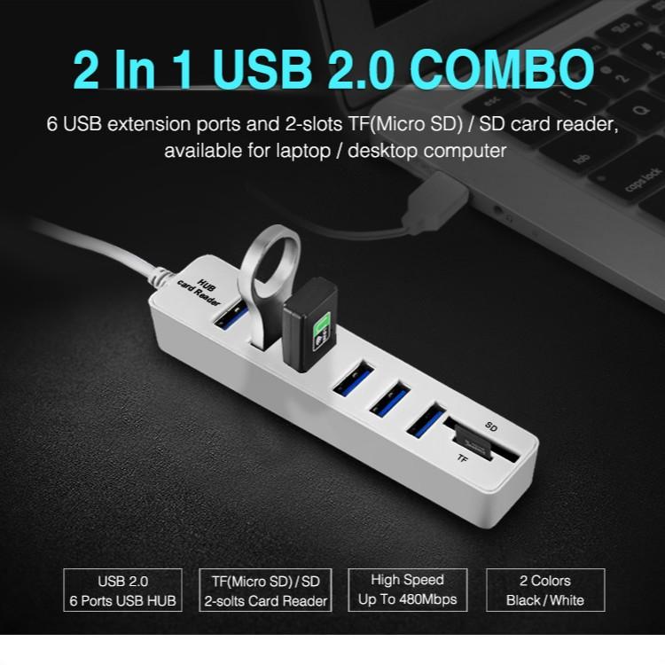 6-Port USB Hub with TF/SD Card Reader — High Speed | White