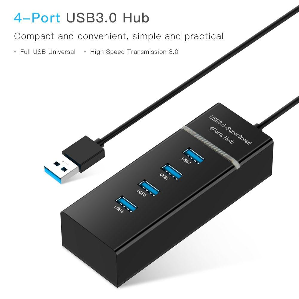 4-Port USB 3.0 Hub with LED Indicator — SuperSpeed 5Gbps | Black