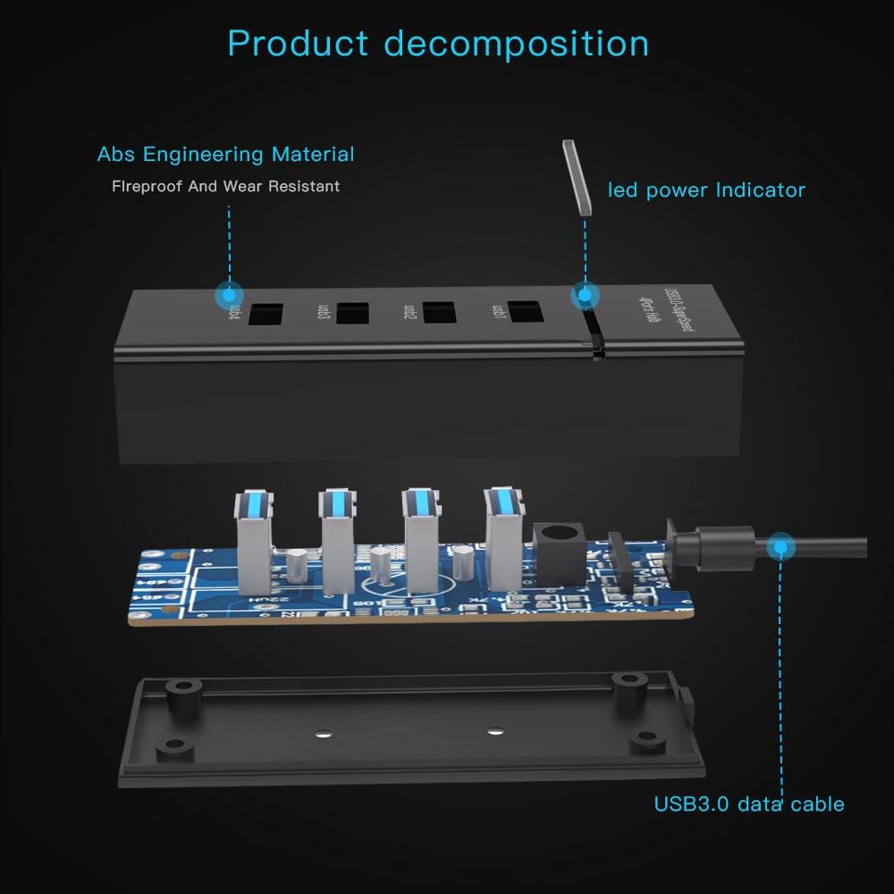 4-Port USB 3.0 Hub with LED Indicator — SuperSpeed 5Gbps | Black