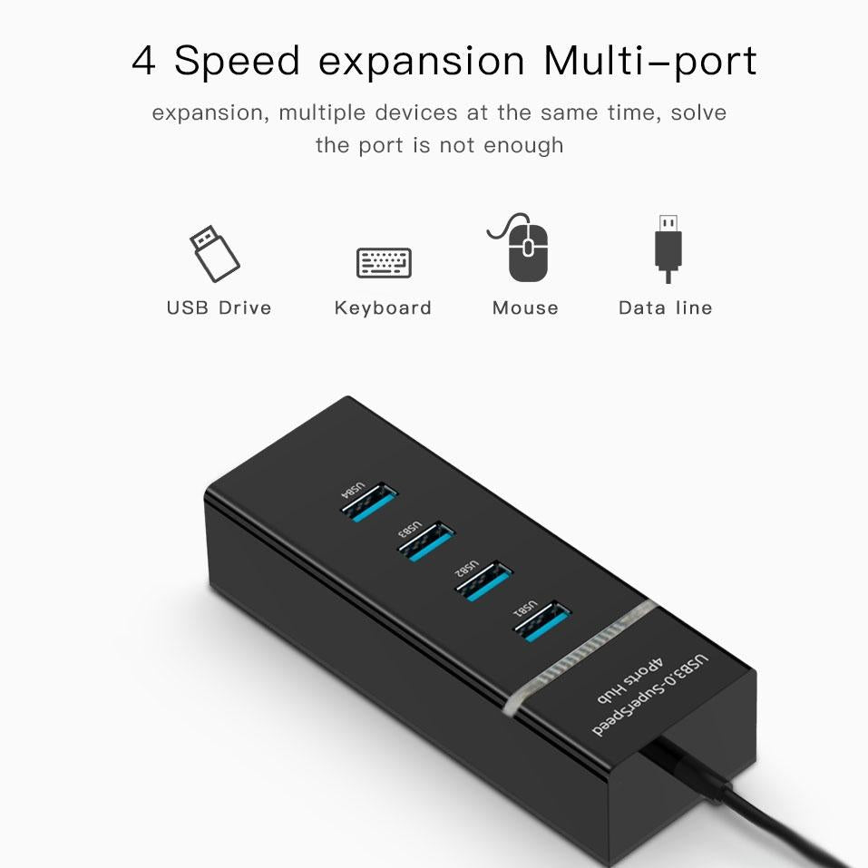 4-Port USB 3.0 Hub with LED Indicator — SuperSpeed 5Gbps | Black