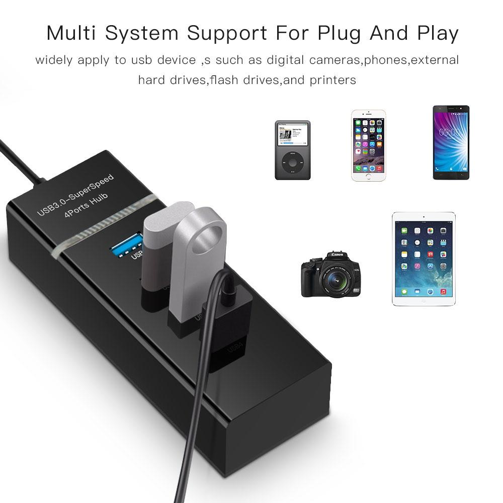 4-Port USB 3.0 Hub with LED Indicator — SuperSpeed 5Gbps | Black