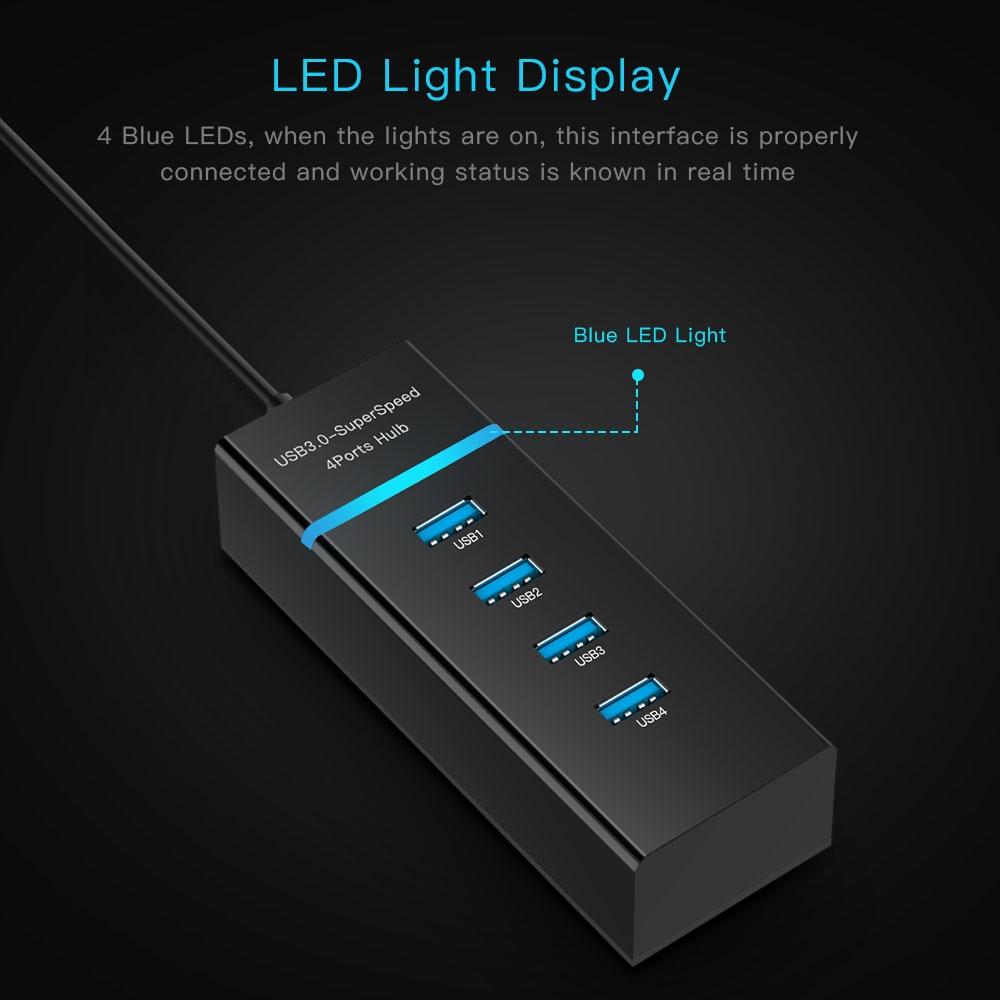 4-Port USB 3.0 Hub with LED Indicator — SuperSpeed 5Gbps | White