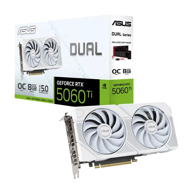 ASUS Dual GeForce RTX™ 5060 Ti 8GB - White, OC Edition, NVIDIA®, GDDR7, 4608 CUDA Cores, 28Gbps, PCIe 5.0, HDMI 2.1b, DP 2.1b