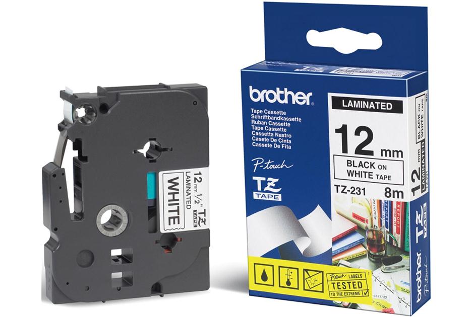 Brother 12mm Black on White TZE Tape image 0