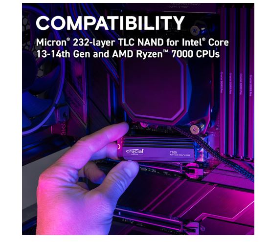 Crucial T705 1TB Gen5 NVMe SSD Heatsink - 13600/10200 MB/s R/W 600TBW 1400K IOPs image 1