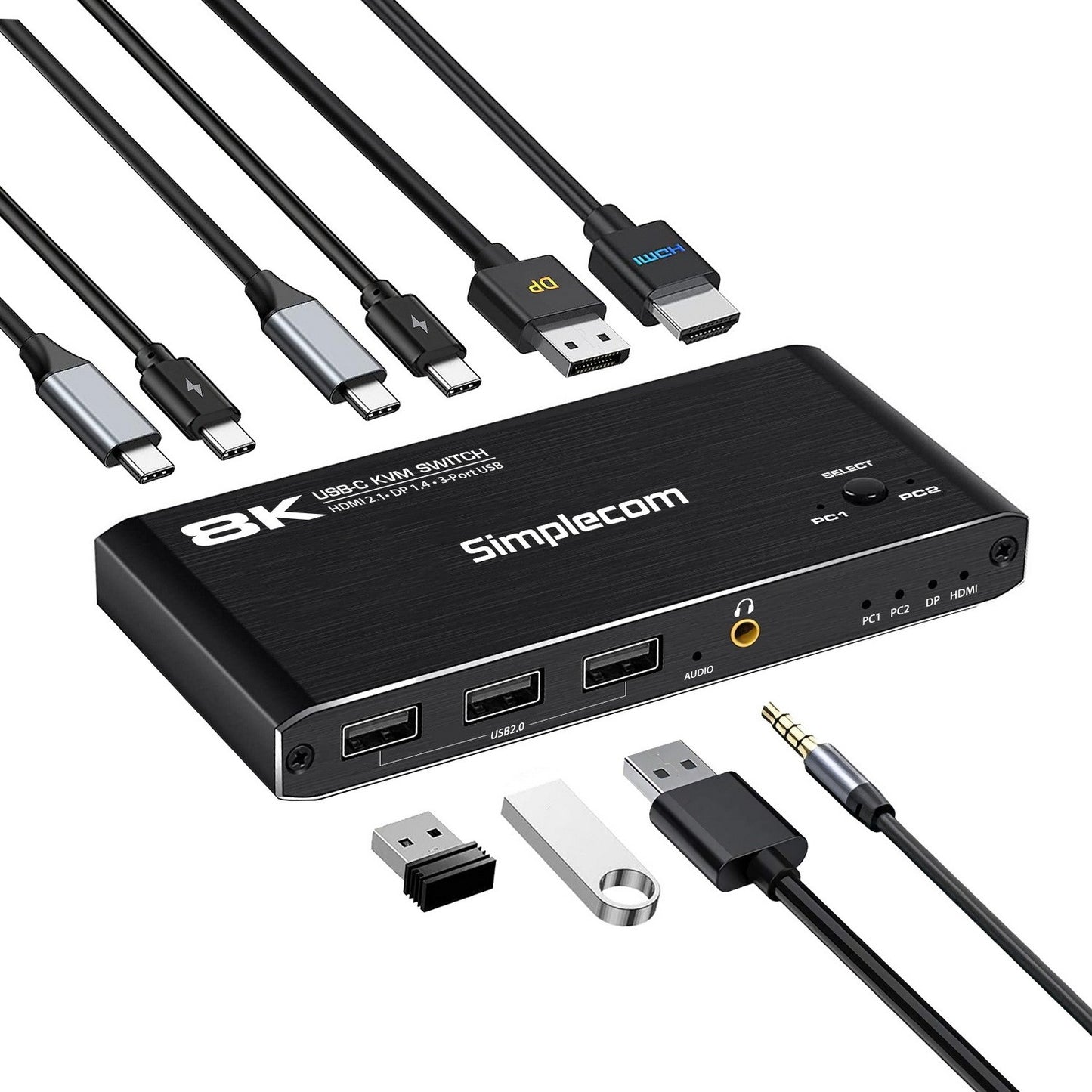Simplecom KM470 2-Port USB-C KVM Switch 8K Docking Station HDMI 2.1 DP for Lapto image 1