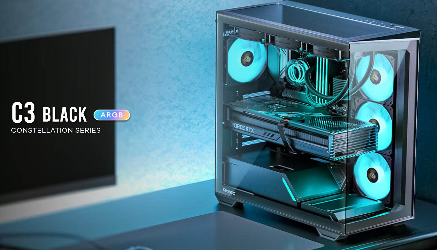 Antec C3 ARGB Black ATX,  270 Degrees View, 4x ARGB PWM Fans control, USB-C, 36C image 2