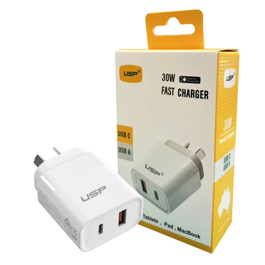 USP 30W Dual Ports (USB-C PD + USB-A QC3.0) Fast Wall Charger - Safe Charge,Comp image 0