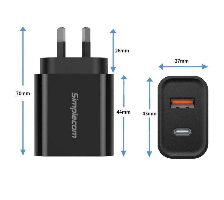 Simplecom CU220 Dual Port PD 20W Fast Wall Charger USB-C + USB-A for Phone Table image 1
