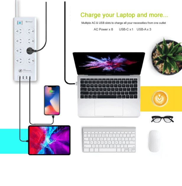 Sansai 8 Outlet 3*USB-A & 1*USB-C Powerboard Master On/Off switch Surge and over image 2