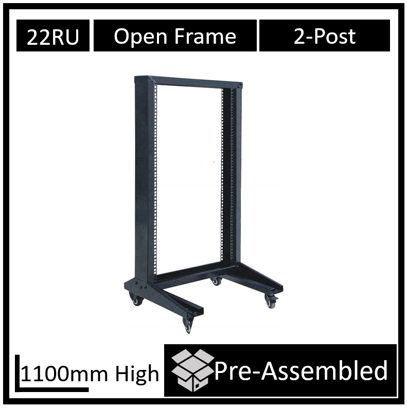 LDR Flat Packed 22U 2-Post Open Frame Rack, Black Metal Construction image 0