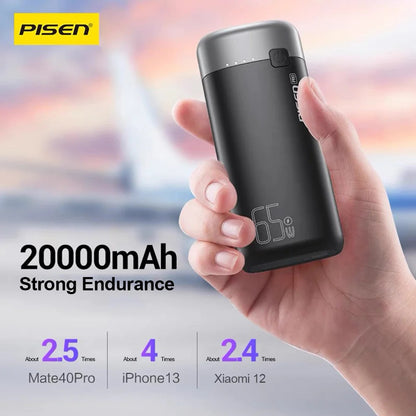 Pisen PRO Triple Port 20k mAh (65W) Laptop Power Bank - Black, 2x USB-A & 1x USB image 0