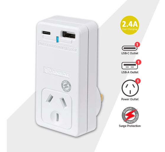 Sansai USB C + A 2xUSB charging Outlets Power Adaptor 240V 10A Surge protection image 0