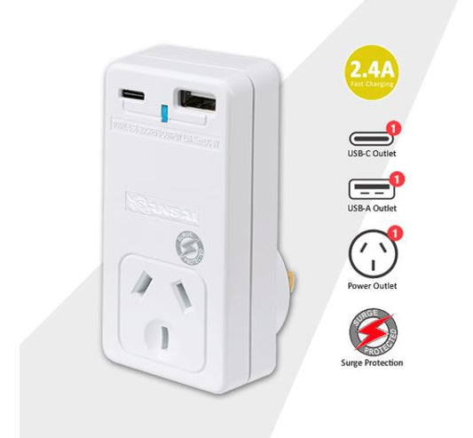 Sansai USB C + A 2xUSB charging Outlets Power Adaptor 240V 10A Surge protection image 0